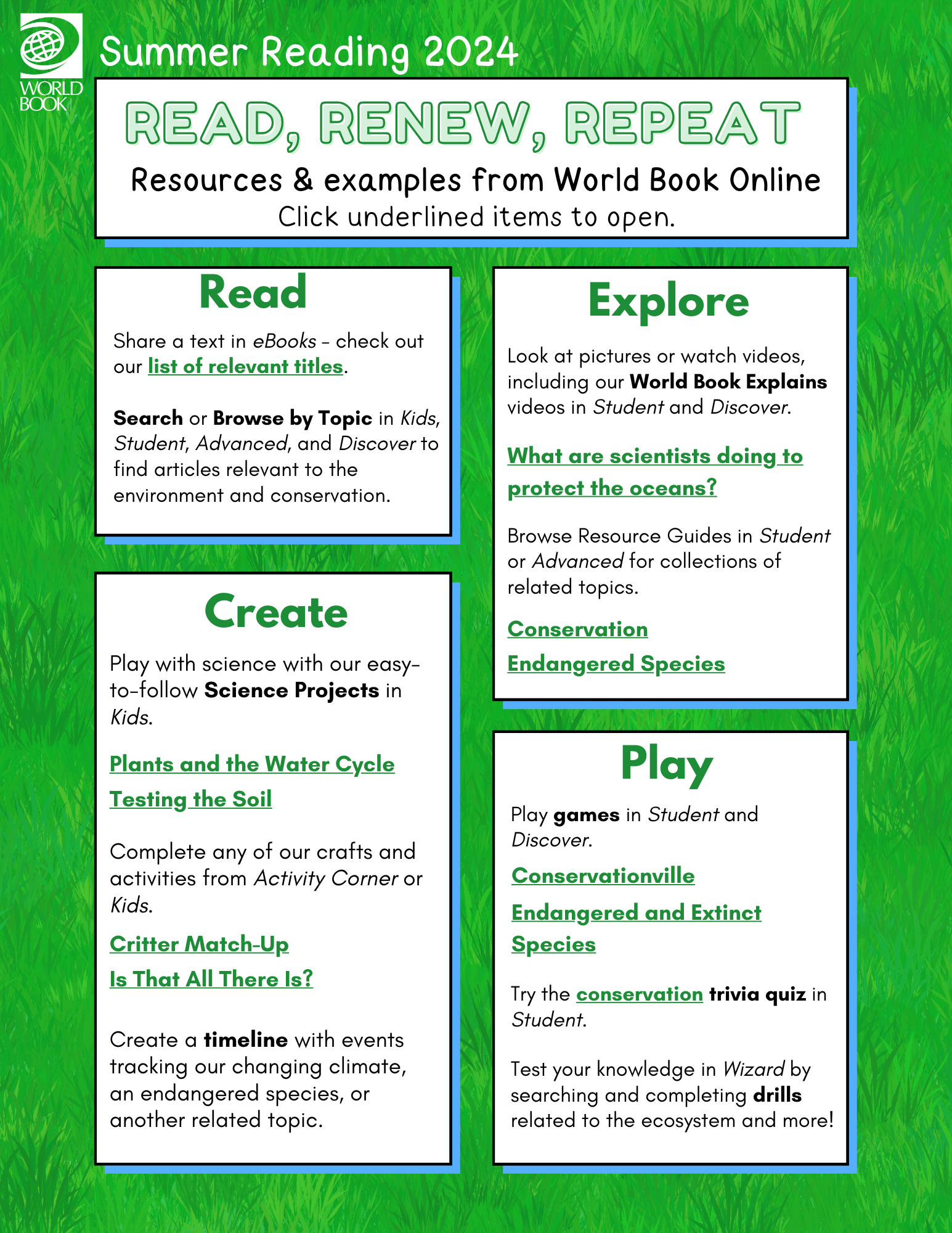 Document with WBO ideas for summer reading
