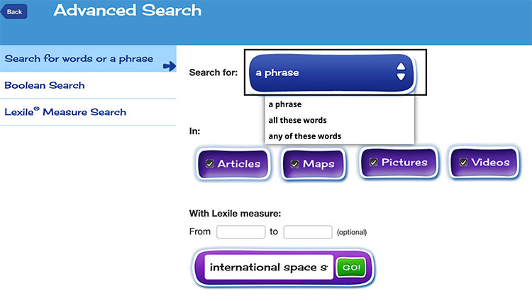 search words or phrases