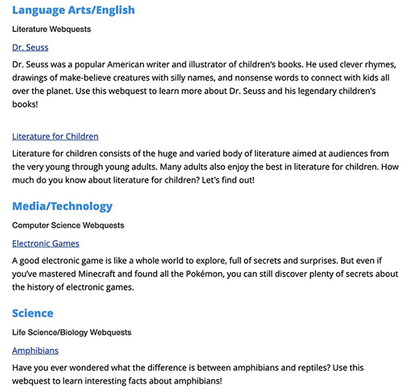 webquest topic list