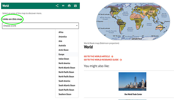 map of the world with drop-down menu